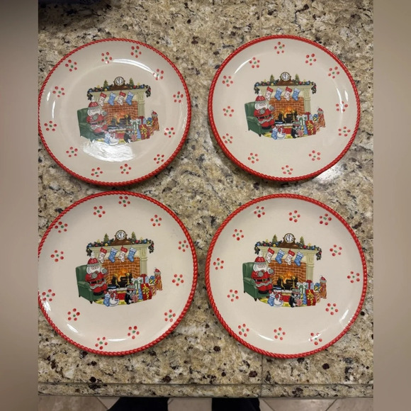 Temptations Tara HOLIDAY): 4 Salad/Dessert Plates, Santa, Fireplace, Red - Picture 2 of 3